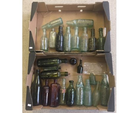 2 boxes of assorted vintage glass bottles. To include codd bottles. 