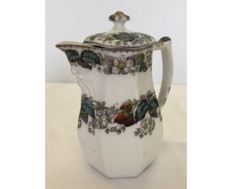 A Copeland late Spode lidded jug with Satyr head spout and painted strawberry decoration. Dated 1852. Approx. 22cm tall.