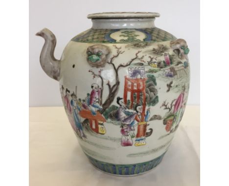 A large hand painted, lidded Chinese ceramic pot with spout.  Approx. 30cm tall.
