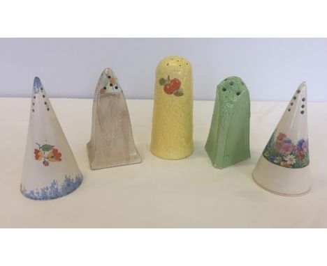 5 vintage ceramic sugar sifters to include 2 conical shaped sifters. Hand pained and transfer print designs. Largest approx. 