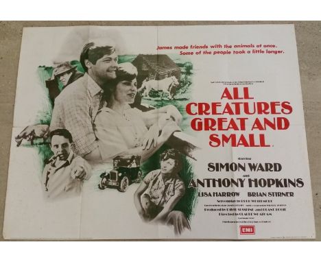 Vintage film quad poster. 'All Creatures Great and Small, starring Simon Ward & Anthony Hopkins, 1975, folded. 100cm x 75cm.