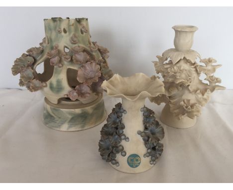 3 pieces of Chessell, Isle of Wight pottery. Comprising a table lamp base & shade, a vase, and a cream candle stick. Lamp 19c