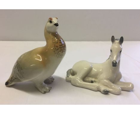 2 Lomonosov/USSR ceramic animal figurines in the shape of a foal and a partridge.  