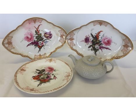 A small cream ceramic Wedgwood basket weave teapot. Together with 3 pieces of Victorian hand painted table ware (a/f). 