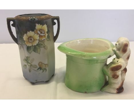 Twin handled Noritake vase with tube-lined floral design. Together with a vintage top-hat & Spaniel ornament, with some small