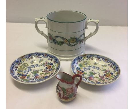 2 Hilditch saucers, a small Kutani jug (7cm tall) and a Staffordshire loving cup.  