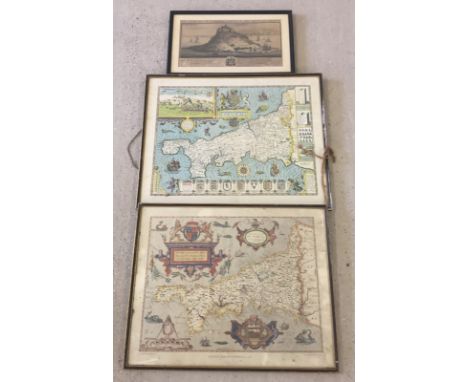 2 vintage colour maps of Cornwall with an antique print of St. Michael's Mount. All framed & glazed. Maps approx. 45 x 55cm, 