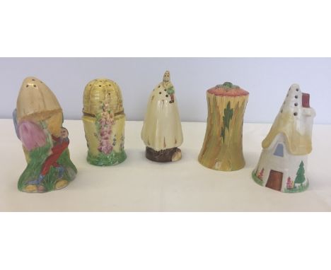 5 ceramic flower and mushroom sugar sifters. To include Royal Winton beehive & pixie with mushroom  and Carlton ware poppy. L