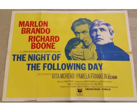 Vintage film quad poster. 'The Night of the Following Day' starring Marlon Brando, 1968.  Folded with tear across one fold. 1