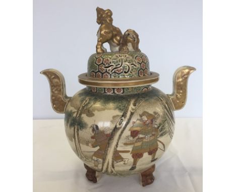 A large Japanese 2 handled Koro / Incense burner with gold lion finial. Repairs to one handle and finial. Approx. 34cm tall.