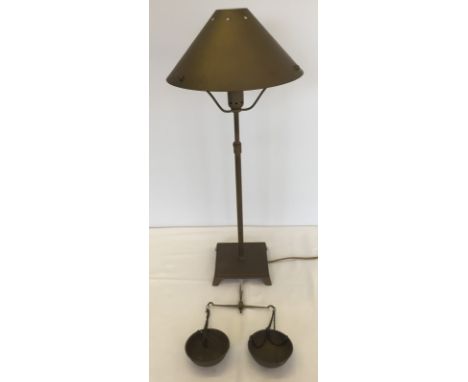 A brass extending table lamp with brass shade together with a small set of scales.  