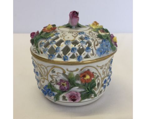 Early 20th century Dresden pierced potpourri bowl with lid. Lid with rosebud finial, applied flower decoration and foliage. D