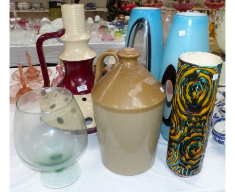 A large lava lamp (painted); a similar vase; a large Poole vase (a.f.); a large pair of modern blue glass vases