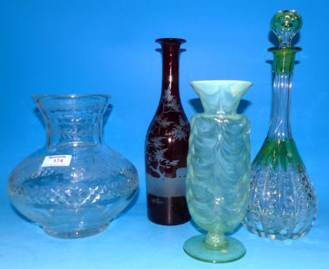 A Bohemian glass ruby flashed bottle with engraved decoration; 3 other pieces of decorative glass