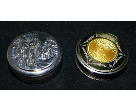 A circular continental patch box with coloured enamel and painted swag decoration; a similar circular box embossed with 19th 