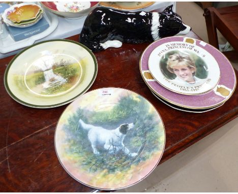 A Royal Doulton plate with hunting dog; various others; a Staffordshire Dog