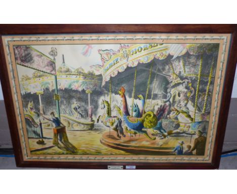 Barbara Jones:  lithograph "Fairground", The Baynard Press for School Prints Ltd, London, 19" x 29½", in original titled oak 