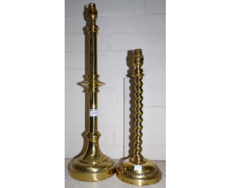 A brass column table lamp base, 21"; another with barley twist stem