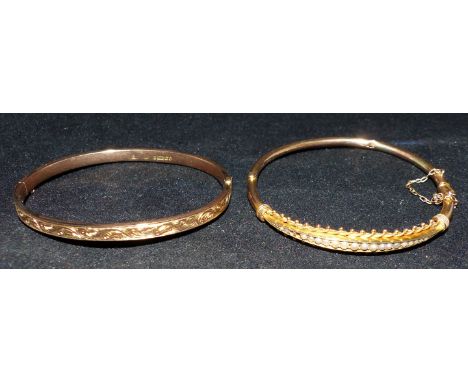 A 9 carat hallmarked gold bangle with chased decoration; a filigree and seed pearl bangle, stamped '9C'