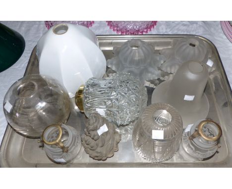 A pair of small floral engraved glass shades;  a flame finial shade; 7 others