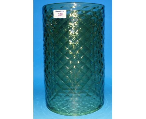 A large green glass cylindrical hall light shade with diamond pattern, 12¼"