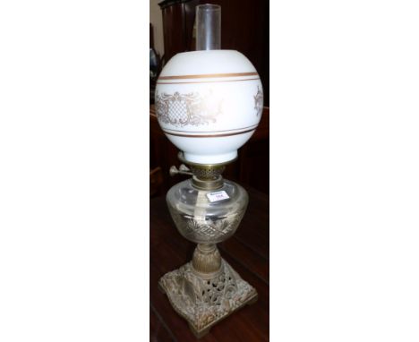A brass oil lamp with glass reservoir (a.f.); a soda siphon; metalware; etc.