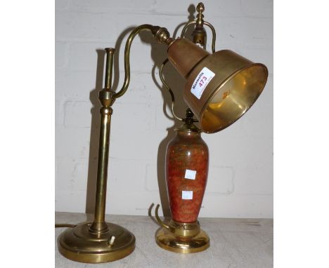 A brass adjustable desk lamp with brass shade; another side lamp with glazed pottery and brass mounted base, 18"