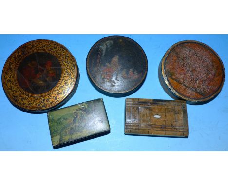 A 19th century patch box decorated with card players; 4 similar items (a.f.)