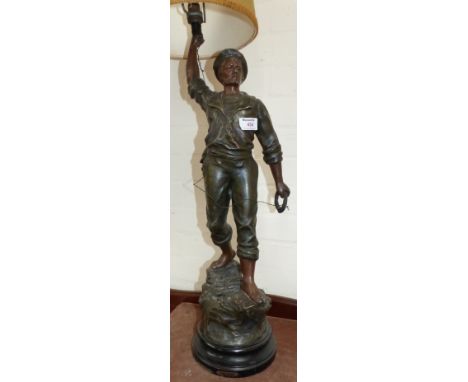 A 19th century patinated spelter figure of a fisherman (converted to table lamp)