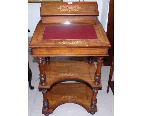 A Victorian slope front writing desk/whatnot with floral marquetry inlay, the top with correspondence box and inset writing s