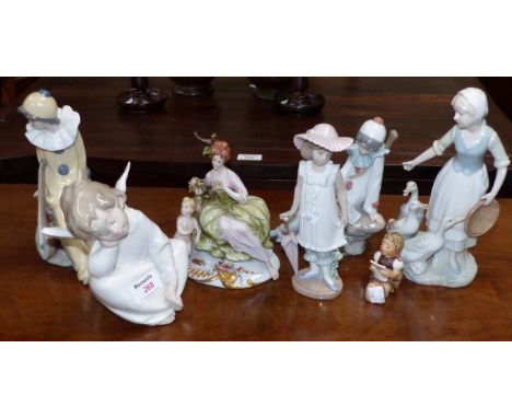 A Lladro angel; 2 Lladro geese; a similar figure; a Capodimonte group; 3 Nao figures