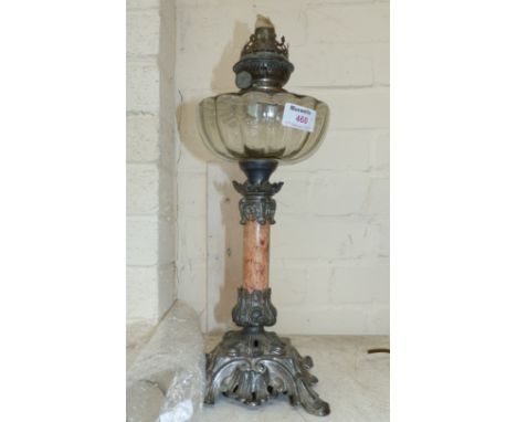 A selection of metalware including a Victorian oil lamp