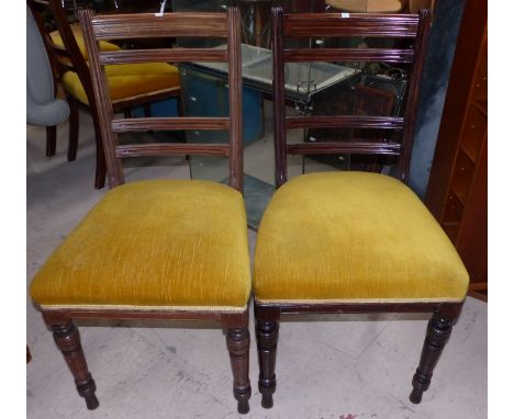 A set of 6 Edwardian mahogany ladder back dining chairs  with gold seats and turned legs