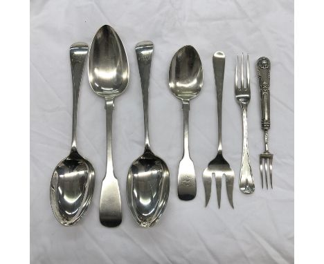 PAIR OF SILVER SPOONS LONDON ONE GEORGIAN SPOON AND ONE OTHER, SILVER PICKLE FORK SHEFFIELD, AND TWO OTHER FORKS 11.8 OZ APPR