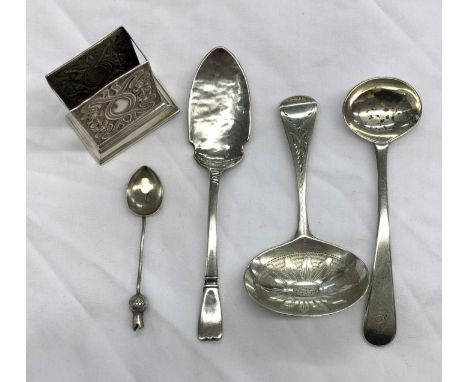 GEORGE III CADDY SPOON WITH BRIGHT CUT DECORATION, GEORGIAN PRESERVE SPOON, ONE OTHER AND A SILVER MATCHBOX SLEEVE 2.2 OZ APP