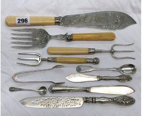 SILVER AND BONE HANDLED PICKLE FORK, ONE OTHER AND SELECTION OF EPNS SERVERS, SUGAR TONGS