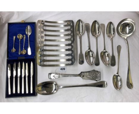 ELECTRO PLATED ASPARAGUS TRAY AND SERVERS, GOOD QUALITY RAT TAIL PLATED SERVING SPOON, LADLE AND OTHER SPOONS INCLUDING PRESE