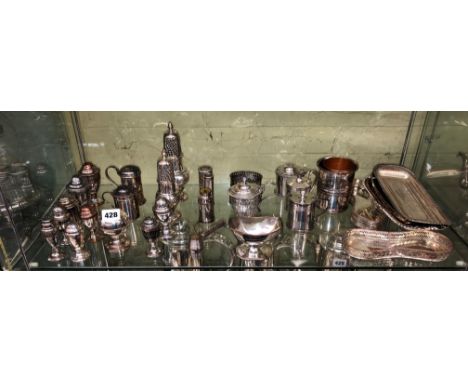 SHELF SHEFFIELD PLATE AND LIGHT HOUSE CASTERS, BALUSTER CONDIMENTS, OVAL TABLE SALTS AND DREDGERS 