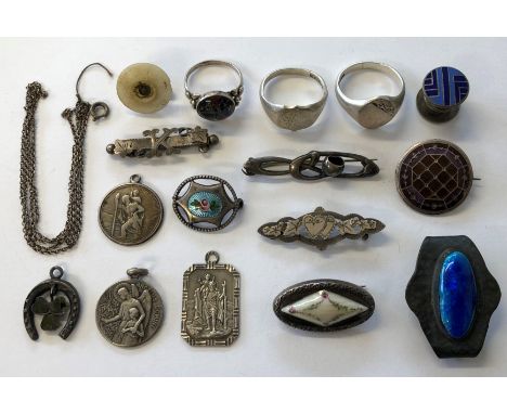 BAG OF - SILVER AND WHITE METAL SIGNET RINGS,ENAMEL BADGES, ST CHRISTOPHER CHARM