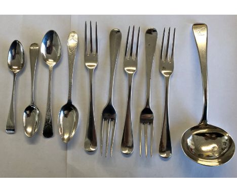 FOUR GEORGE III SILVER FORKS MAKER JB, ONE OTHER LATER FORK, FOUR GEORGIAN TEA SPOONS AND LADLE, 10 OUNCES APPROX.