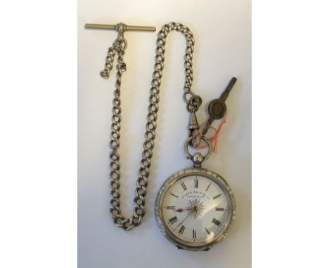 935 SILVER CASED FOB WATCH,THE ENAMEL DIAL JAMES REID AND Co- ON SILVER PLATED ALBERT CHAIN WITH T BAR