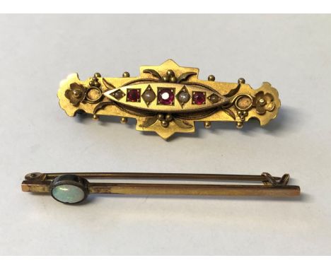 CASED UNMARKED ROSE METAL OPAL BROOCH AND A 9CT GOLD RUBY SEED PEARL AND PHOTO LOCKET BAR BROOCH 6.5G APPROX.