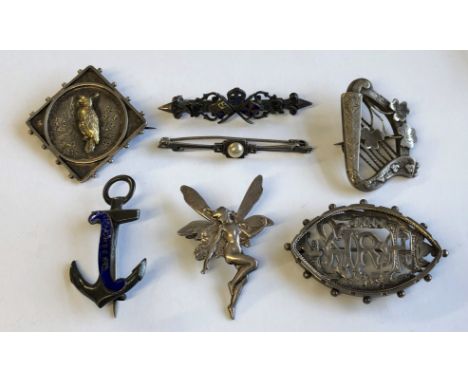 SILVER FAIRY BROOCH,GAELIC HARP,OVAL AND BAR BROOCHES AND ENAMEL ANCHOR LAPEL BROOCH