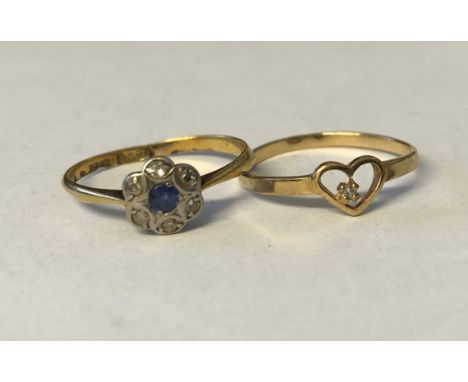 9CT GOLD HEART RING AND A 18CT GOLD SAPPHIRE CLUSTER RING 2G APPROX. 