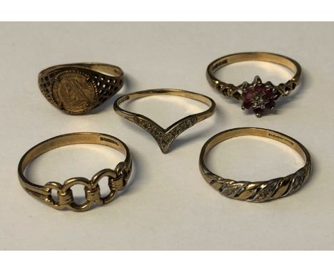 9CT GOLD RING, 9CT GOLD DOUBLE LINK RING, WISHBONE RING, 9CT GOLD CLUSTER RING AND ONE OTHER 6.6G APPROX.