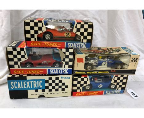 FIVE BOXED VINTAGE SCALEXTRIC CARS - D TYPE JAGUAR MMC60, FORD 3 LITRE, 1C3 JAVELIN, SCALEXTRIC TRIANG MODEL, C78 AC COBRA