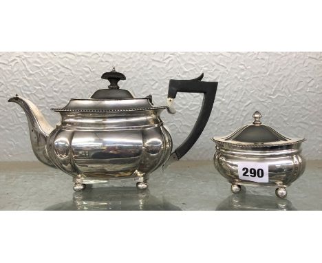 SILVER LIDDED SUCRIER ON BALL FEET LONDON MAKER R.P 5.7 OZ APPROX AND A EARLIER TEA POT OF SIMILAR DESIGN MAKER CA 22 OZ APPR