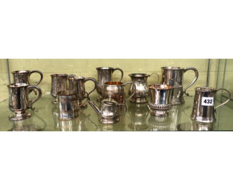 SHELF OF SHEFFIELD AND PLATED TAPERED BARREL AND BELLIED SMALL TANKARDS