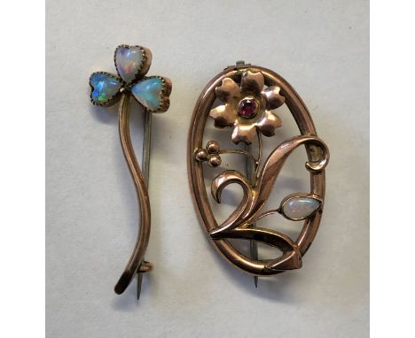 9CT ROSE GOLD OPAL CLOVER PETAL BROOCH AND UNMARKED OVAL OPAL AND STONE SET BROOCH 3.7G APPROX