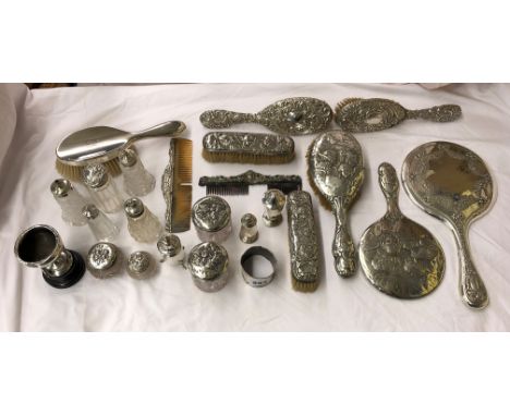 FOUR GLASS SILVER TOPPED CONDIMENTS, SILVER PEPPERETTES, SILVER NAPKIN RING FIVE GLASS DRESSING TABLE BOTTLES WITH SILVER CHE